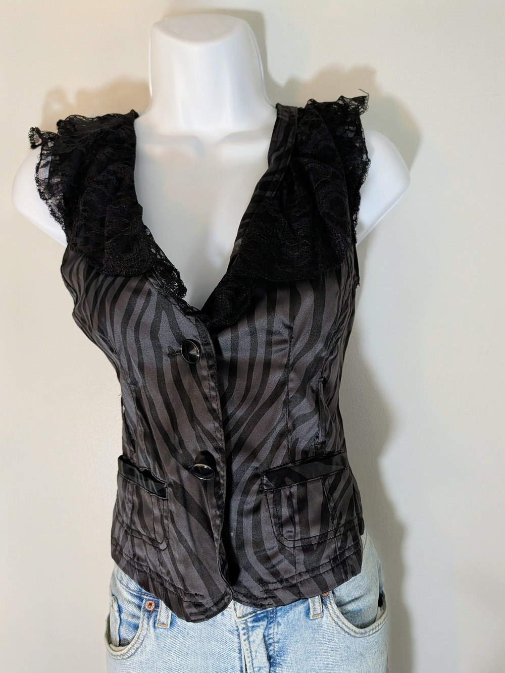 Black Lace-Trim Zebra Stripe Vest Top